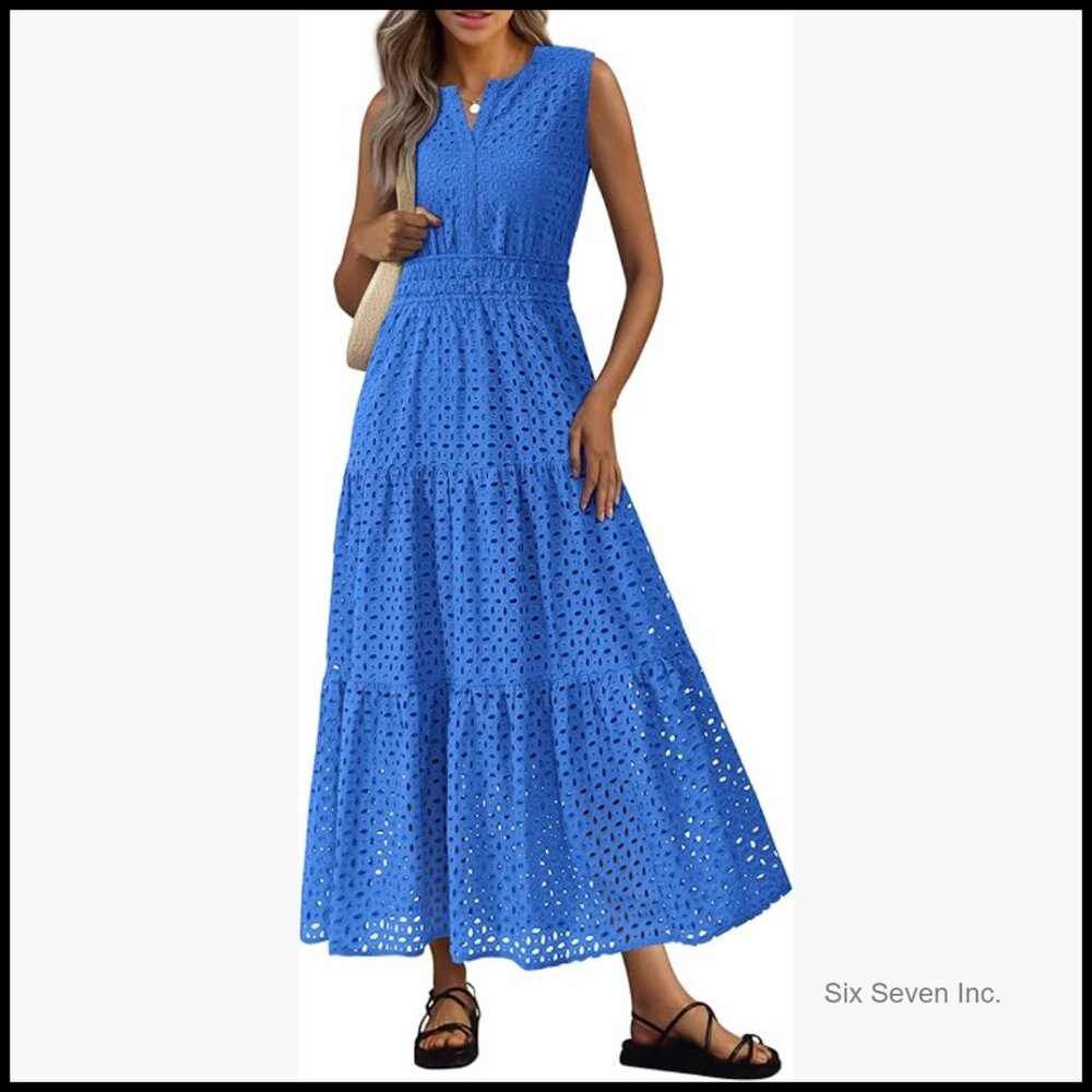Cotton Eyelet Maxi Dress Sleeveless V Neck A Line Wedding Guest